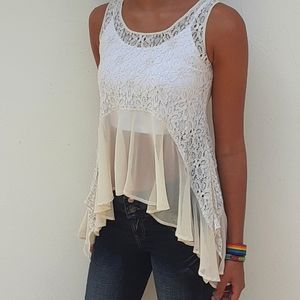 Cream Lace & Sheer Sleeveless Tunic Top Small